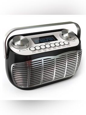 Detroit Retro AM FM Radio for Home with Alarm Clock and LCD -Black AC & Battery